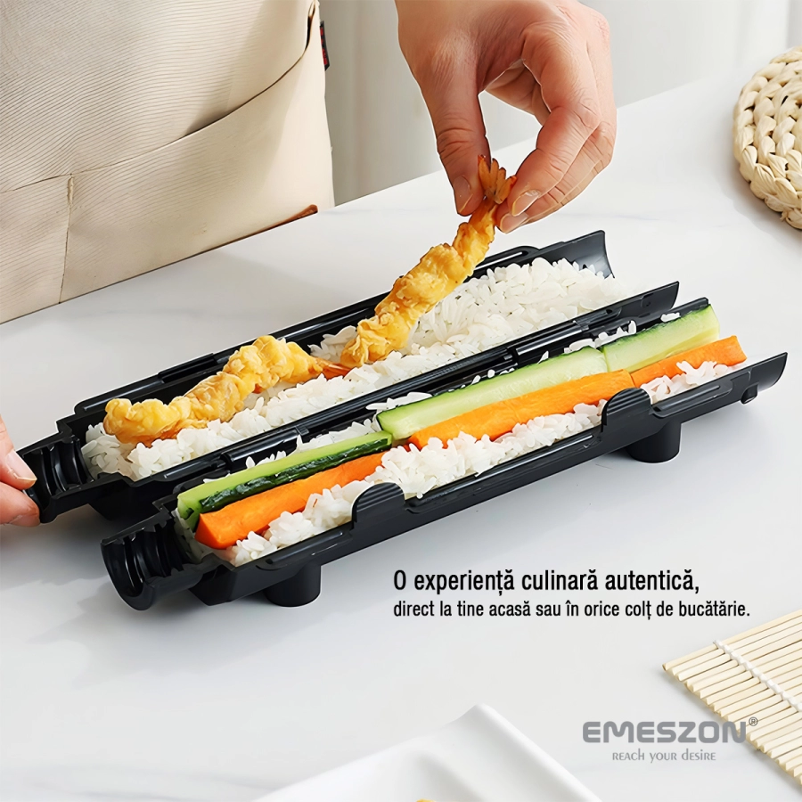 Set complet Sushi Rolls 2, EMESZON® Aparat manual de rulat Sushi cu rola bambus pentru pasionatii de bucataria Asiatica, rosu Set complet Sushi Rolls 2, EMESZON® Aparat manual de rulat Sushi cu rola bambus pentru pasionatii de bucataria Asiatica, rosu