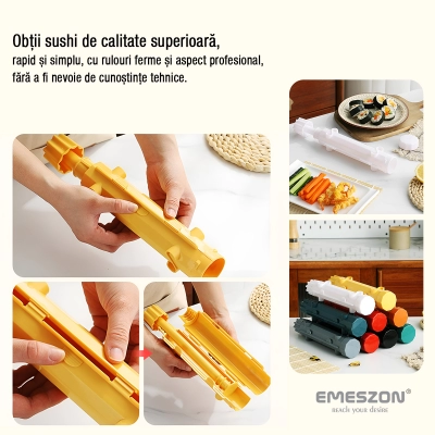 Set complet Sushi Rolls 2, EMESZON® Aparat manual de rulat Sushi cu rola bambus pentru pasionatii de bucataria Asiatica, rosu