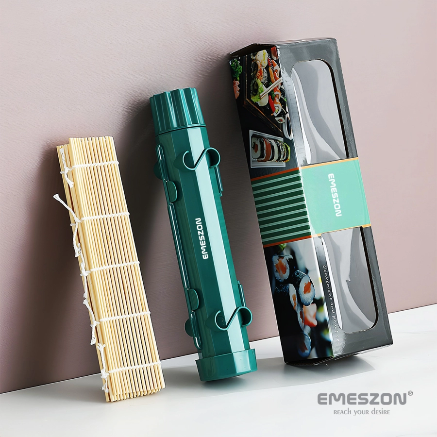 Set complet Sushi Rolls 2, EMESZON® Aparat manual de rulat Sushi cu rola bambus pentru pasionatii de bucataria Asiatica, verde