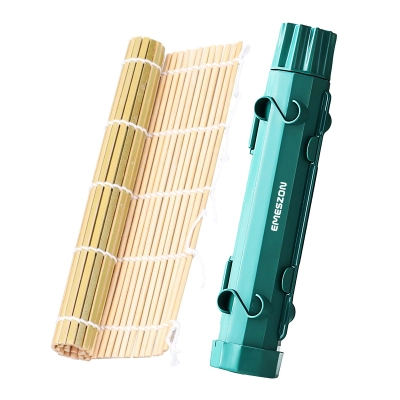 Set complet Sushi Rolls 2, EMESZON® Aparat manual de rulat Sushi cu rola bambus pentru pasionatii de bucataria Asiatica, verde