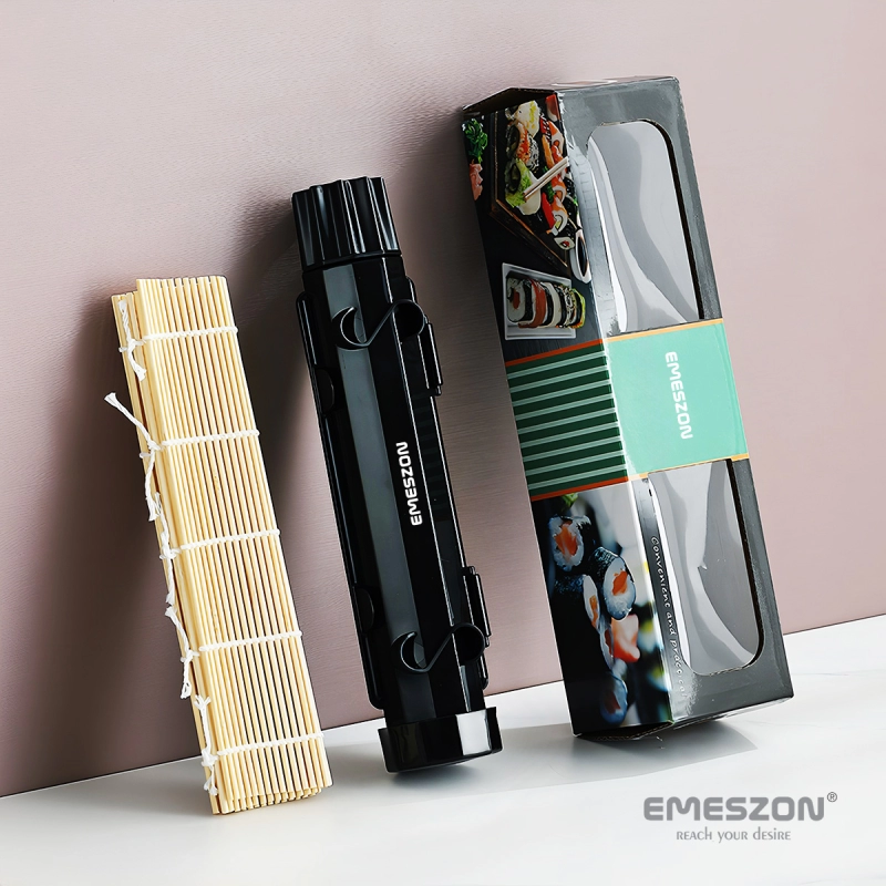 Set complet Sushi Rolls 2, EMESZON® Aparat manual de rulat Sushi cu rola bambus pentru pasionatii de bucataria Asiatica, negru