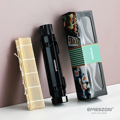 Set complet Sushi Rolls 2, EMESZON® Aparat manual de rulat Sushi cu rola bambus pentru pasionatii de bucataria Asiatica, negru