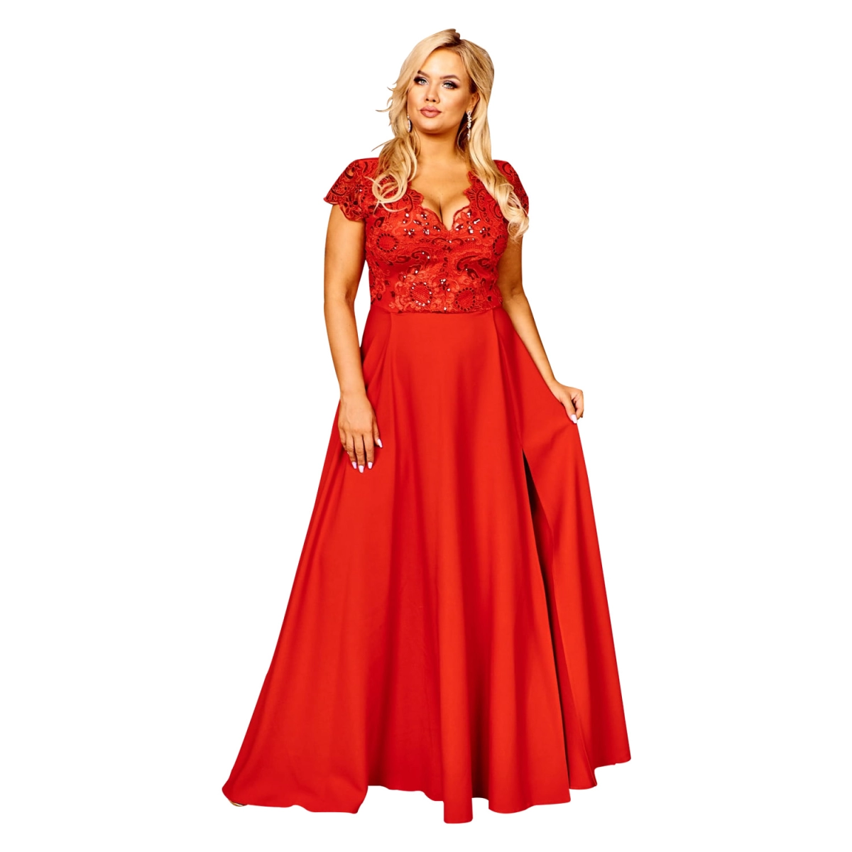 Rochie CRYSTAL lunga eleganta cu broderie, tesatura garbandina, cu fanta discreta pe picior, marime 48, plus size, rosu Rochie CRYSTAL lunga eleganta cu broderie, tesatura garbandina, cu fanta discreta pe picior, marime 48, plus size, rosu