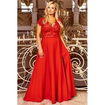 Rochie CRYSTAL lunga eleganta cu broderie, tesatura garbandina, cu fanta discreta pe picior, marime 48, plus size, rosu