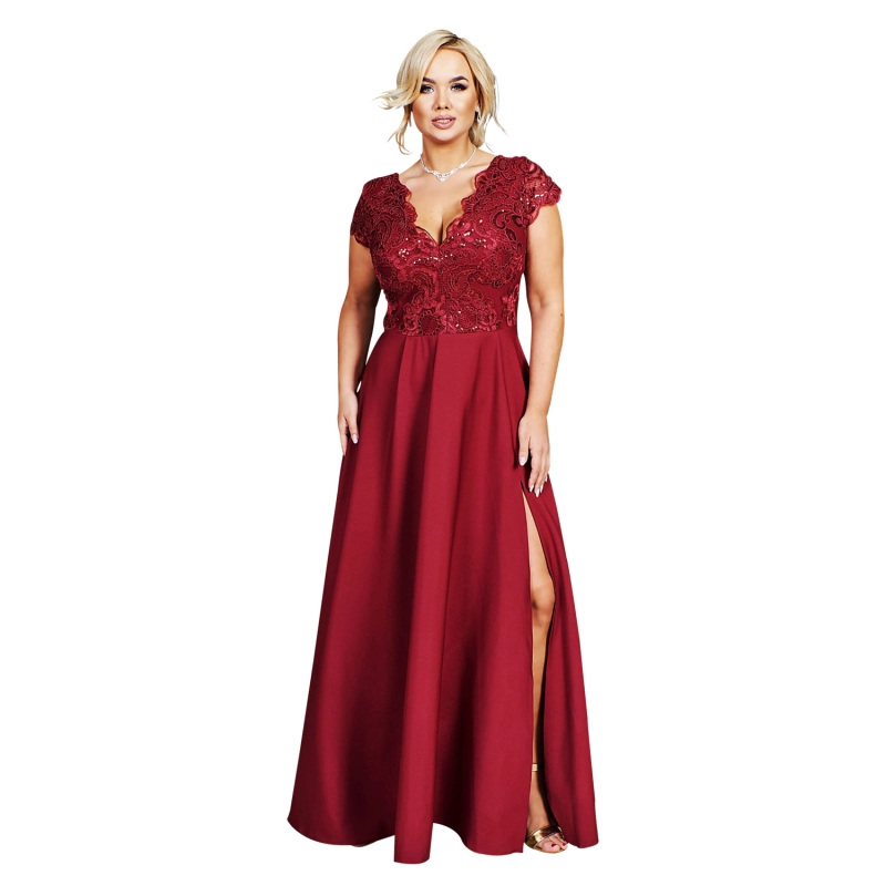 Rochie CRYSTAL lunga eleganta cu broderie, tesatura gabardina cu fanta discreta pe picior, marime 46, plus size, burgundy
