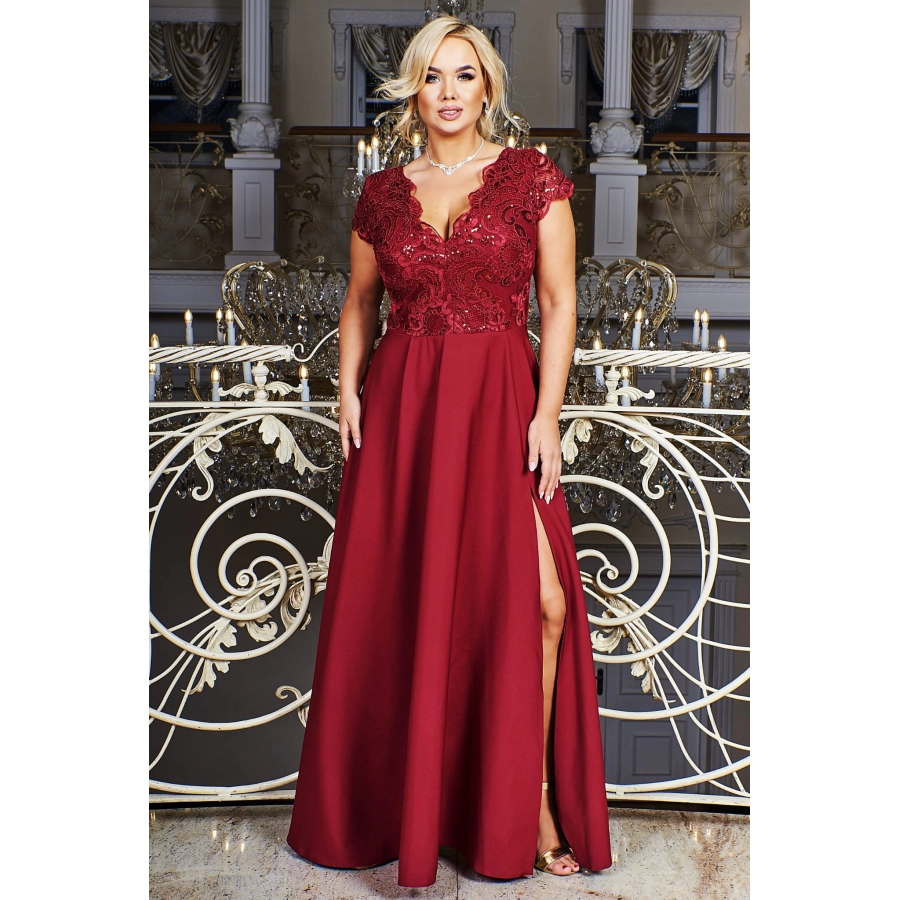 Rochie CRYSTAL lunga eleganta cu broderie, tesatura gabardina cu fanta discreta pe picior, marime 44, plus size, burgundy