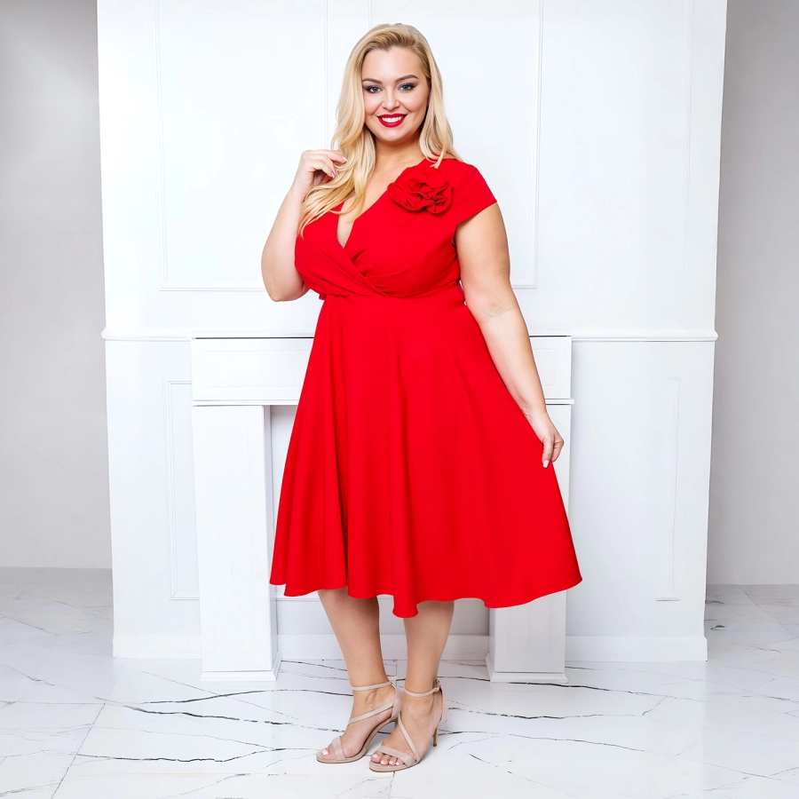 Rochie NINA marime 50 Plus Size, eleganta cu lungime medie, perfecta pentru Nunta, Cununie, Petrecere, Evenimente speciale, rosu