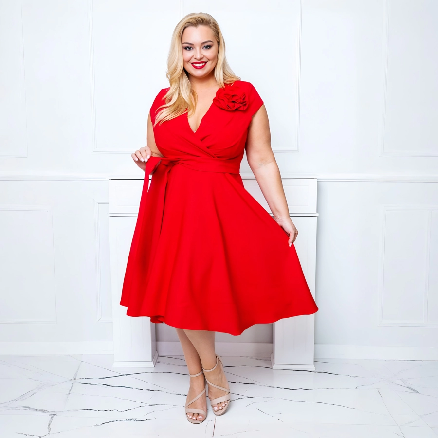 Rochie NINA marime 50 Plus Size, eleganta cu lungime medie, perfecta pentru Nunta, Cununie, Petrecere, Evenimente speciale, rosu