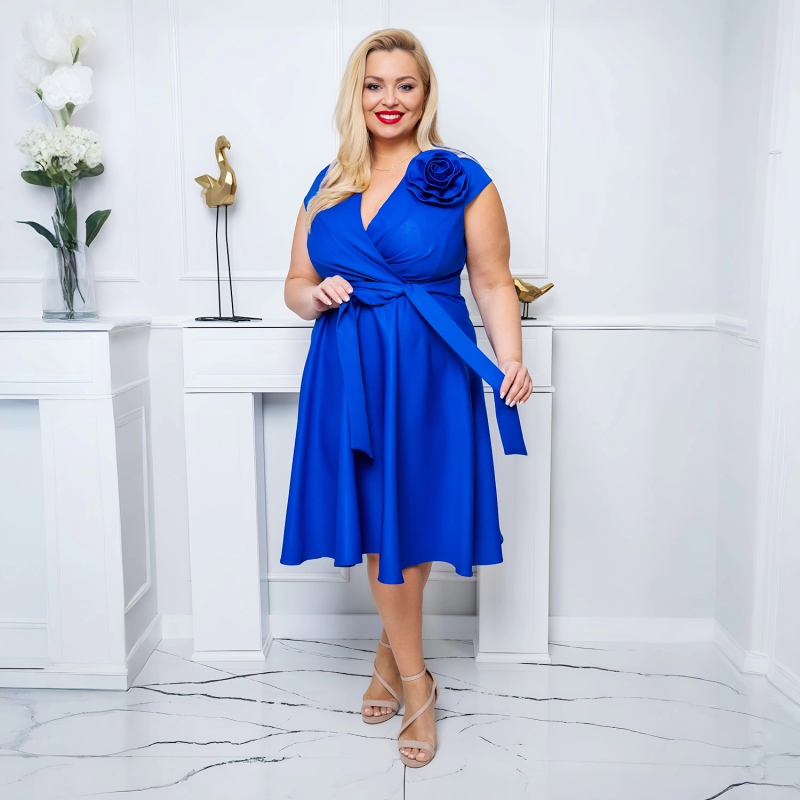 Rochie NINA marime 50 Plus Size, eleganta cu lungime medie, perfecta pentru Nunta, Cununie, Evenimente speciale, albastru