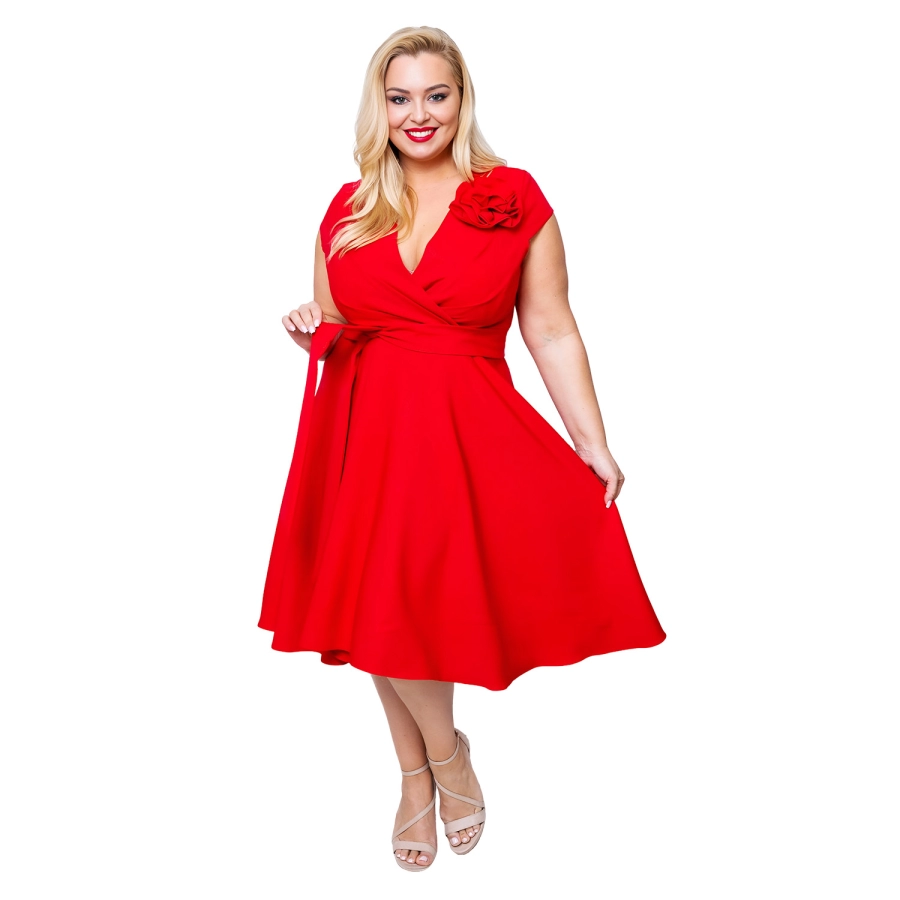 Rochie NINA marime 48 Plus Size, eleganta cu lungime medie, perfecta pentru Nunta, Cununie, Petrecere, Evenimente speciale, rosu