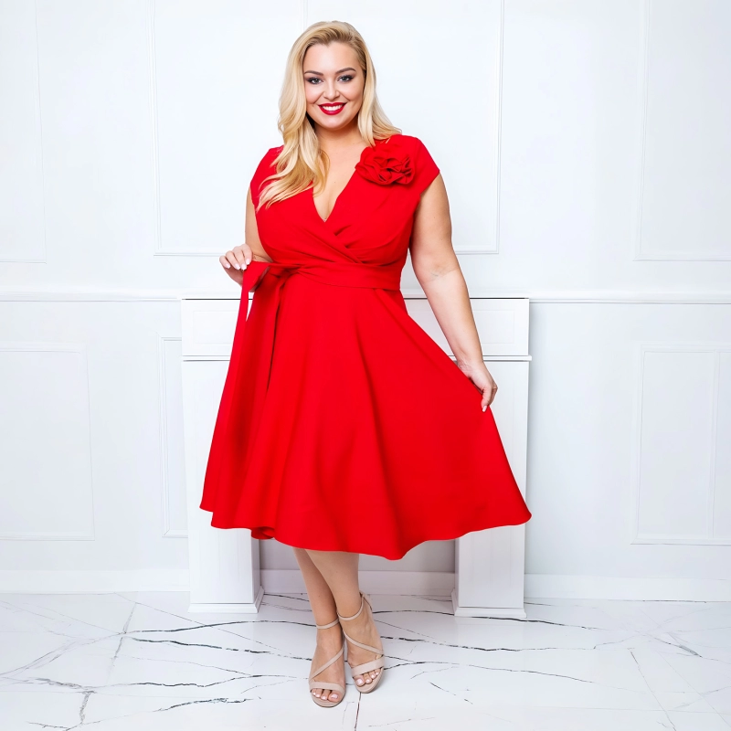 Rochie NINA marime 48 Plus Size, eleganta cu lungime medie, perfecta pentru Nunta, Cununie, Petrecere, Evenimente speciale, rosu