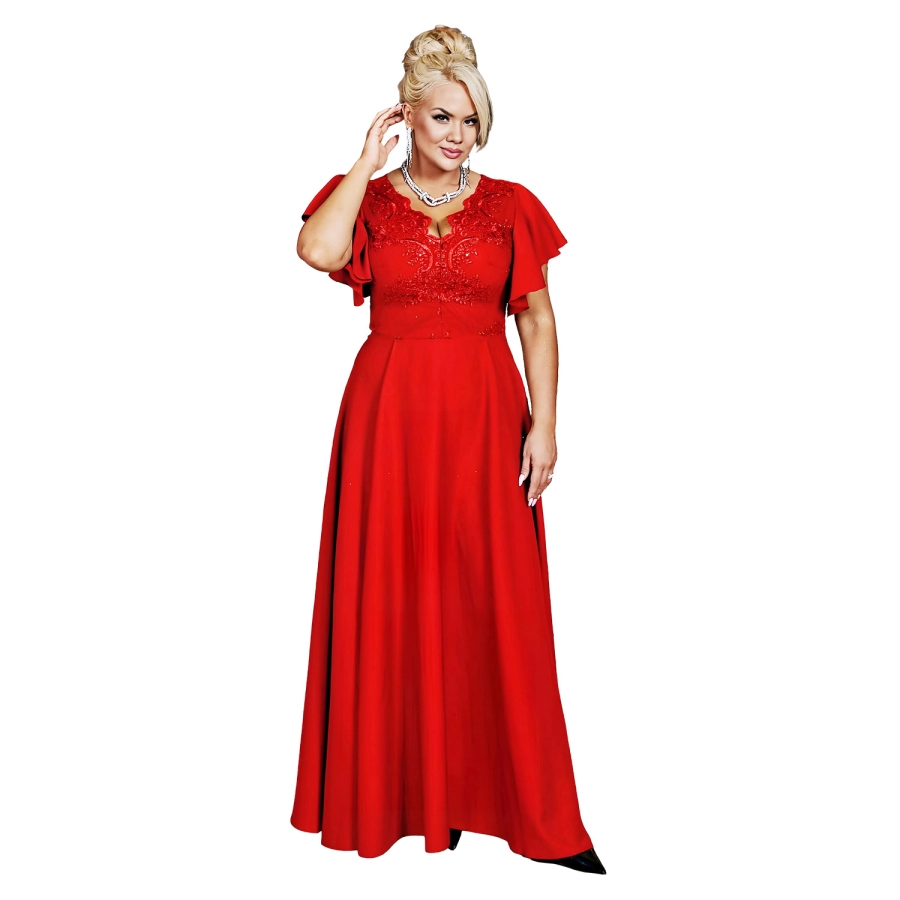 Rochie LAURA marime 52 Plus Size, eleganta si lunga cu broderie, brocart delicat perfecta pentru Nunta, Cununie, Petrecere, rosu