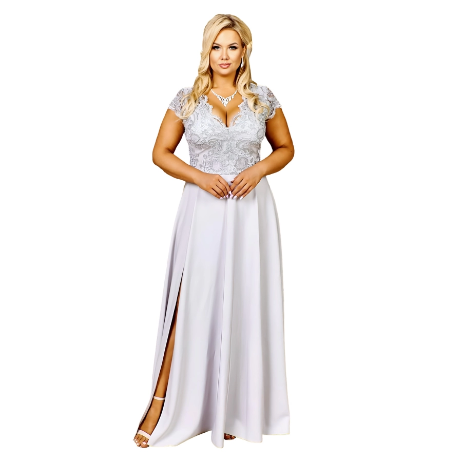 Rochie CRYSTAL marime 54 Plus Size, eleganta si lunga cu broderie, brocart, cu fanta discreta, pentru Nunta, Cununie, argintiu