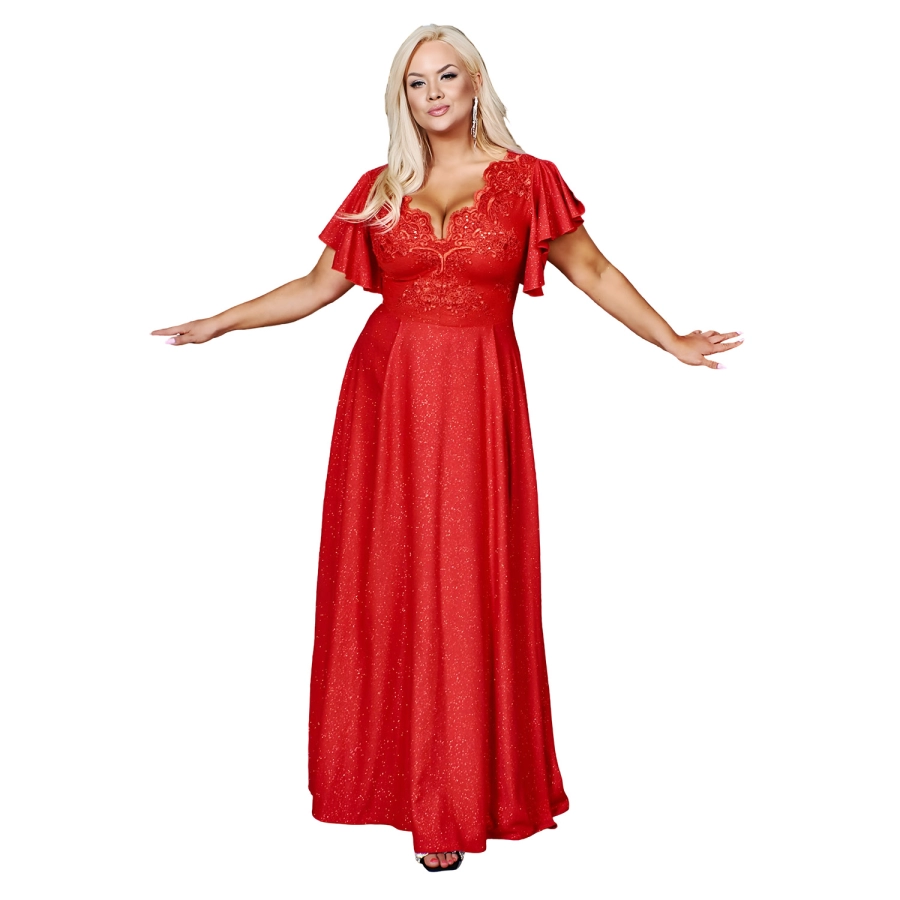 Rochie CHARLOTTE marime 54 Plus Size, eleganta si lunga cu broderie, brocart delicat, perfecta pentru Nunta, Cununie, rosu