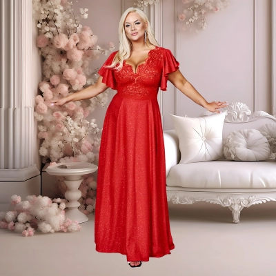 Rochie CHARLOTTE marime 54 Plus Size, eleganta si lunga cu broderie, brocart delicat, perfecta pentru Nunta, Cununie, rosu