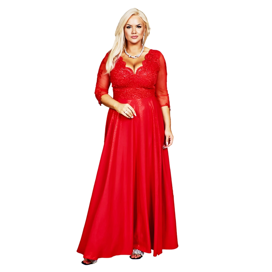 Rochie CARMEN cu maneci 3 sferturi, marime 54 Plus Size, eleganta si lunga cu broderie, brocart, pentru Nunta, Cununie, rosu