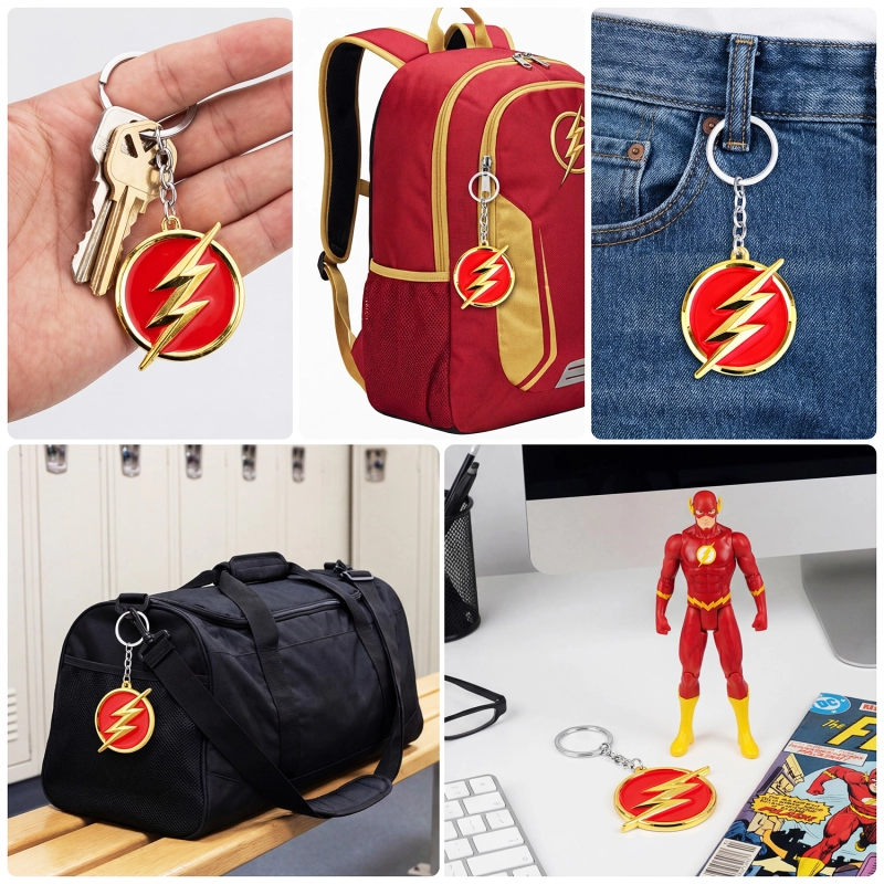 Breloc chei emblema The Flash (fulgerul) si pe verso sigla Shazam