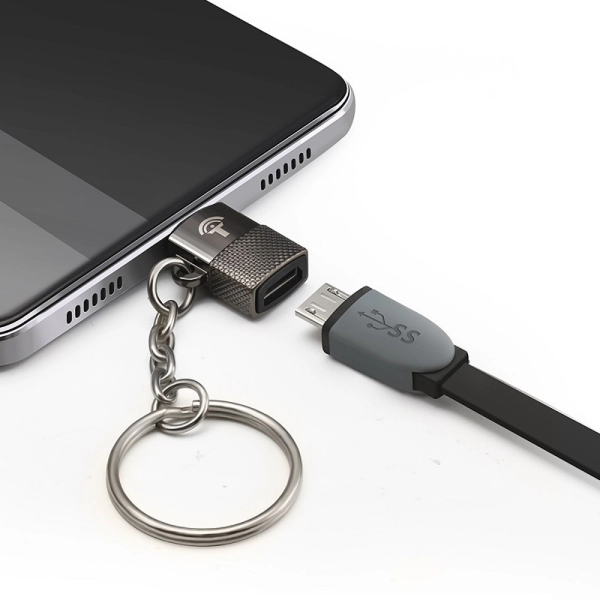 Breloc chei adaptor Micro USB la Type - C OTG, Rocketek Profesional, pentru tablete si telefoane mobile, negru