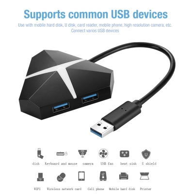 Hub splitter, Envisage, adaptor switch 4 Porturi USB 3, conexiune cablu prin USB 3, Pihen UFO 5Gbps, iluminare led, negru
