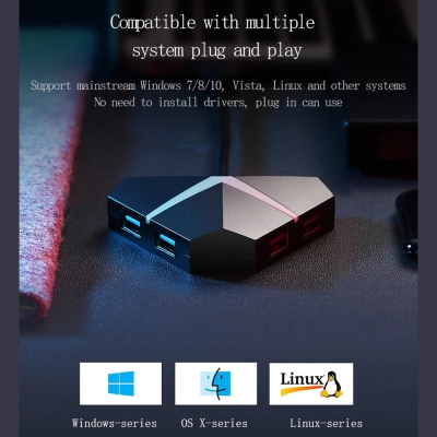 Hub splitter, Envisage, adaptor switch 4 Porturi USB 3, conexiune cablu prin USB 3, Pihen UFO 5Gbps, iluminare led, negru