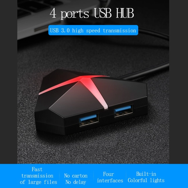 Hub splitter, Envisage, adaptor switch 4 Porturi USB 3, conexiune cablu prin USB 3, Pihen UFO 5Gbps, iluminare led, negru