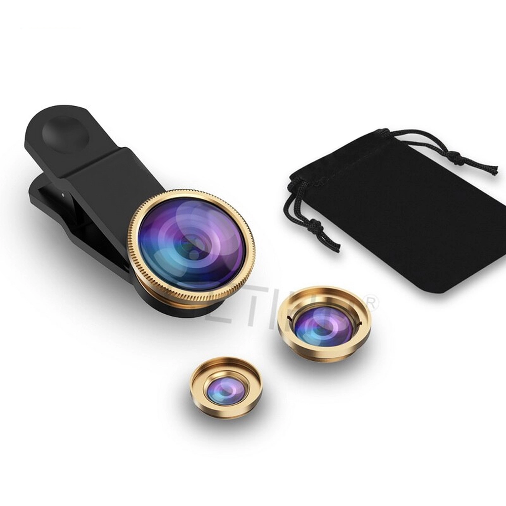 Set kit lentile foto obiectiv universal profesional 3 in 1, Getihu, Wide, Fisheye, Zoom si Macro pentru telefon si tableta, gold