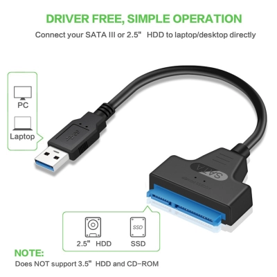 Cablu USB cu adaptor SATA 3, Ugreen, transfera date de la SATA 3 la USB 3 pentru HDD 2.5 sau SSD 2.5, viteza 6 Gbps UASP, negru