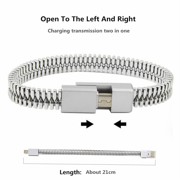 Cablu A+ micro USB tip bratara imitatie fermoar, Fast Charging 2A, 21cm, transfer date telefon, tableta, Argintiu
