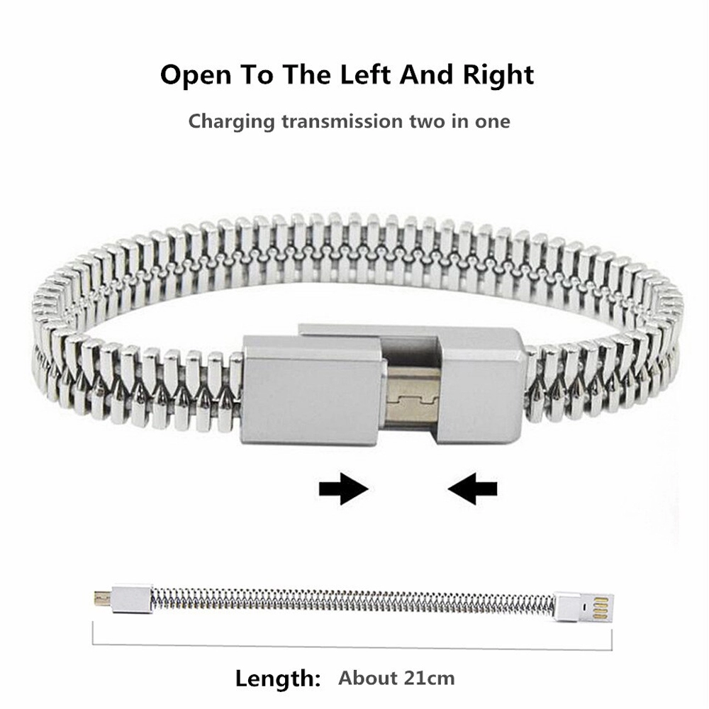 Cablu A+ micro USB tip bratara imitatie fermoar, Fast Charging 2A, 21cm, transfer date telefon, tableta, Argintiu