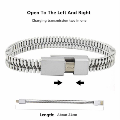 Cablu A+ micro USB tip bratara imitatie fermoar, Fast Charging 2A, 21cm, transfer date telefon, tableta, Argintiu
