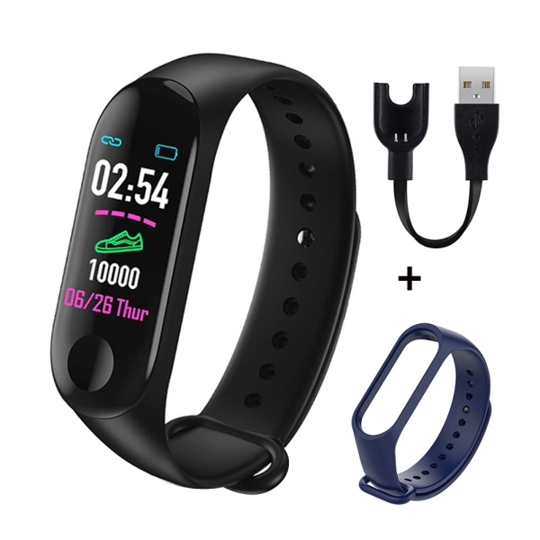 Bratara Ceas Smart Fitness Waterproof Rovtop, Tracker, Bluetooth, Notificari, Apeluri, Mesaje + Bonus Curea Albastra, negru