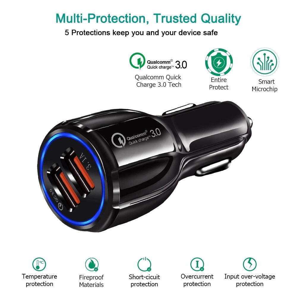 Incarcator auto telefon mobil, dual USB 5V 3.1A - 6A, 30W, Incarca Rapid, LED, Quick Charge 3.0, 5 tipuri de protectii, Negru