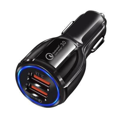 Incarcator auto telefon mobil, dual USB 5V 3.1A - 6A, 30W, Incarca Rapid, LED, Quick Charge 3.0, 5 tipuri de protectii, Negru