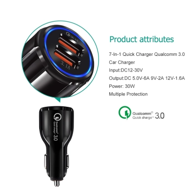 Incarcator auto telefon mobil, dual USB 5V 3.1A - 6A, 30W, Incarca Rapid, LED, Quick Charge 3.0, 5 tipuri de protectii, Negru