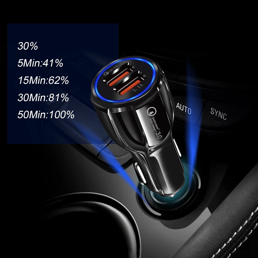 Incarcator auto telefon mobil, dual USB 5V 3.1A - 6A, 30W, Incarca Rapid, LED, Quick Charge 3.0, 5 tipuri de protectii, Negru