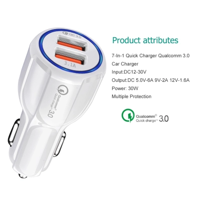 Incarcator auto telefon mobil, dual USB 5V 3.1A - 6A, 30W, Incarca Rapid, LED, Quick Charge 3.0, 5 tipuri de protectii, Alb