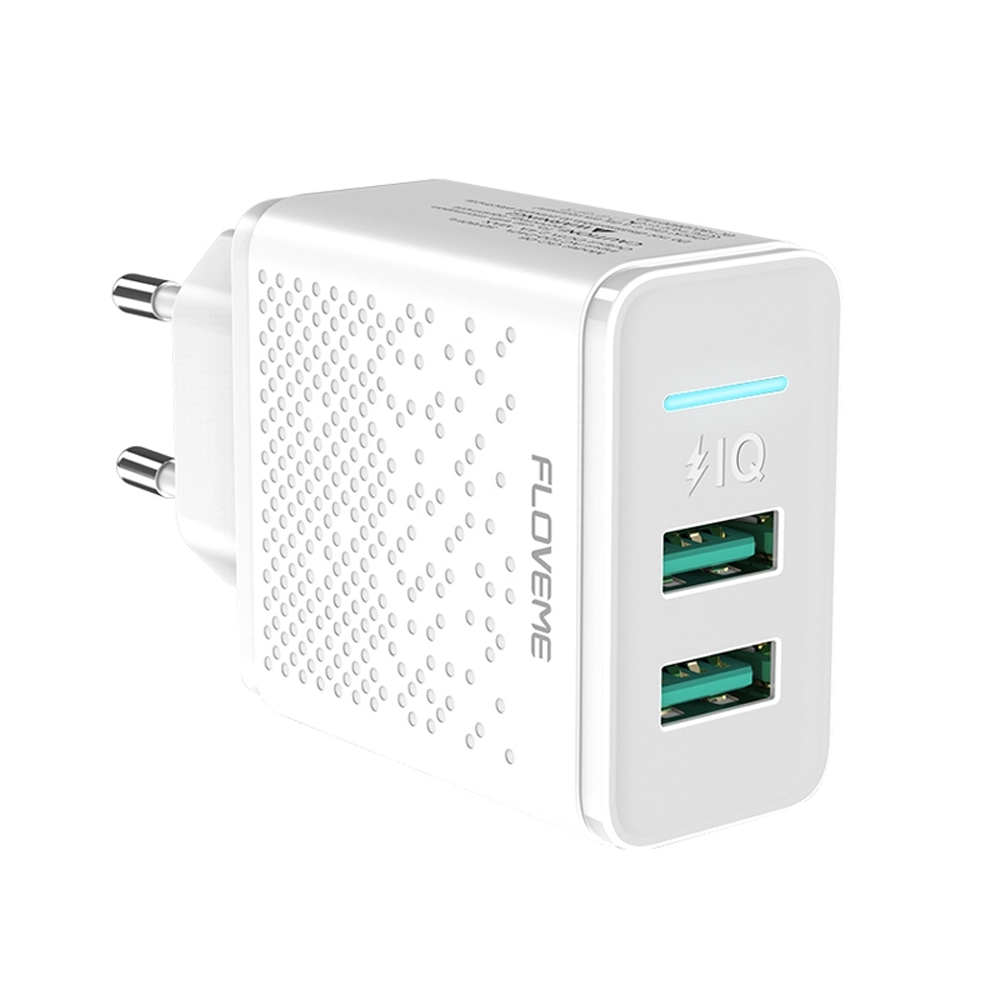Incarcator retea pentru telefon, tableta, gopro, baterie externa, Floveme, 2 porturi USB, Fast Charging 2.4A, Auto Detect, alb
