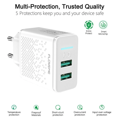 Incarcator retea pentru telefon, tableta, gopro, baterie externa, Floveme, 2 porturi USB, Fast Charging 2.4A, Auto Detect, alb