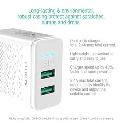 Incarcator retea pentru telefon, tableta, gopro, baterie externa, Floveme, 2 porturi USB, Fast Charging 2.4A, Auto Detect, alb