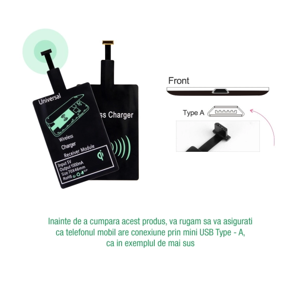 Incarcator Wireless Receiver Type - A Micro USB, Envisage, putere 5V / 1A, incarcare telefon cu inductie electromagnetica, negru