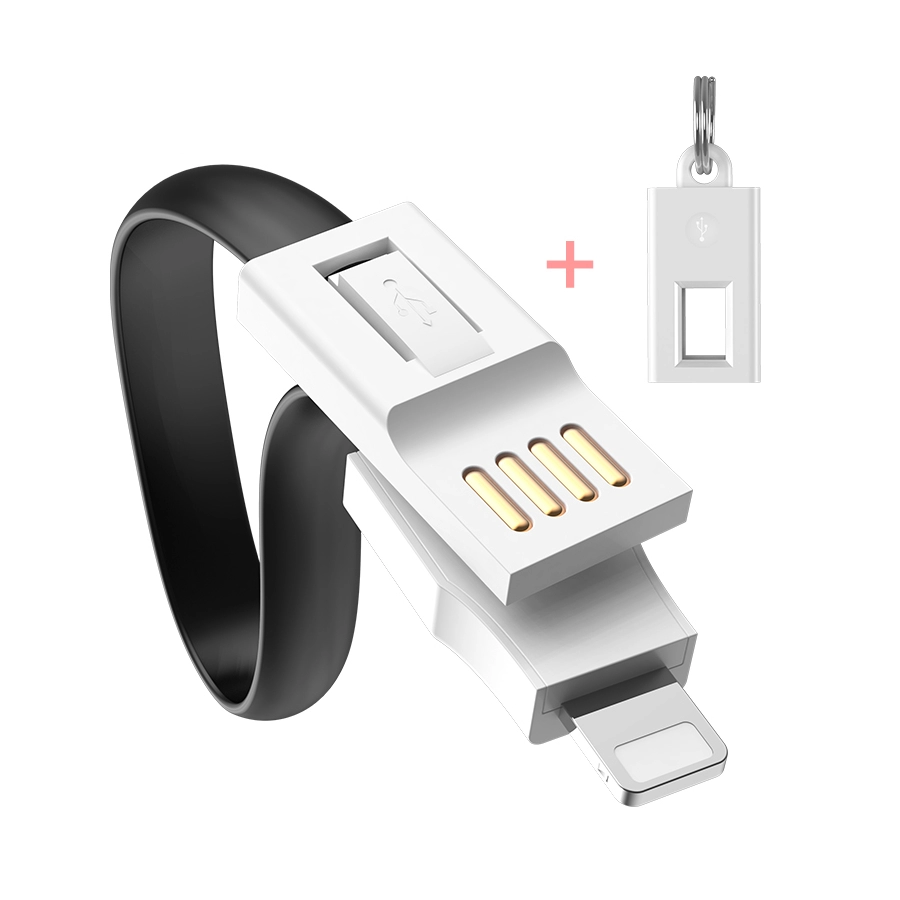 Cablu breloc pentru incarcare iPhone sau iPad, USB si micro USB, alb