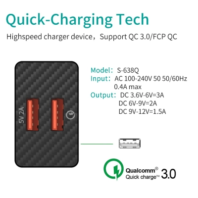 Incarcator retea, Goojodoq, pentru Telefon, Tableta, Gopro, Baterie externa, 2 porturi USB 3A, Qualcomm Quick Charge 3.0, negru