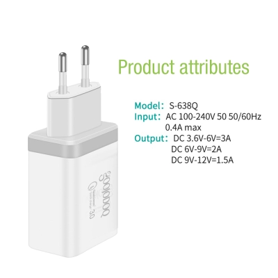 Incarcator retea, Goojodoq, pentru Telefon, Tableta, Gopro, Baterie externa, 2 porturi USB 3A, Qualcomm Quick Charge 3.0, alb