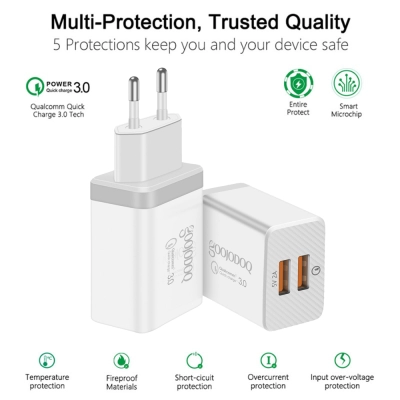 Incarcator retea, Goojodoq, pentru Telefon, Tableta, Gopro, Baterie externa, 2 porturi USB 3A, Qualcomm Quick Charge 3.0, alb