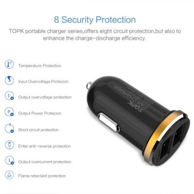 Incarcator auto TOPK Fast Charging 5V 2.1A 10.5W Dual Port USB pentru telefoane mobile - Inel auriu