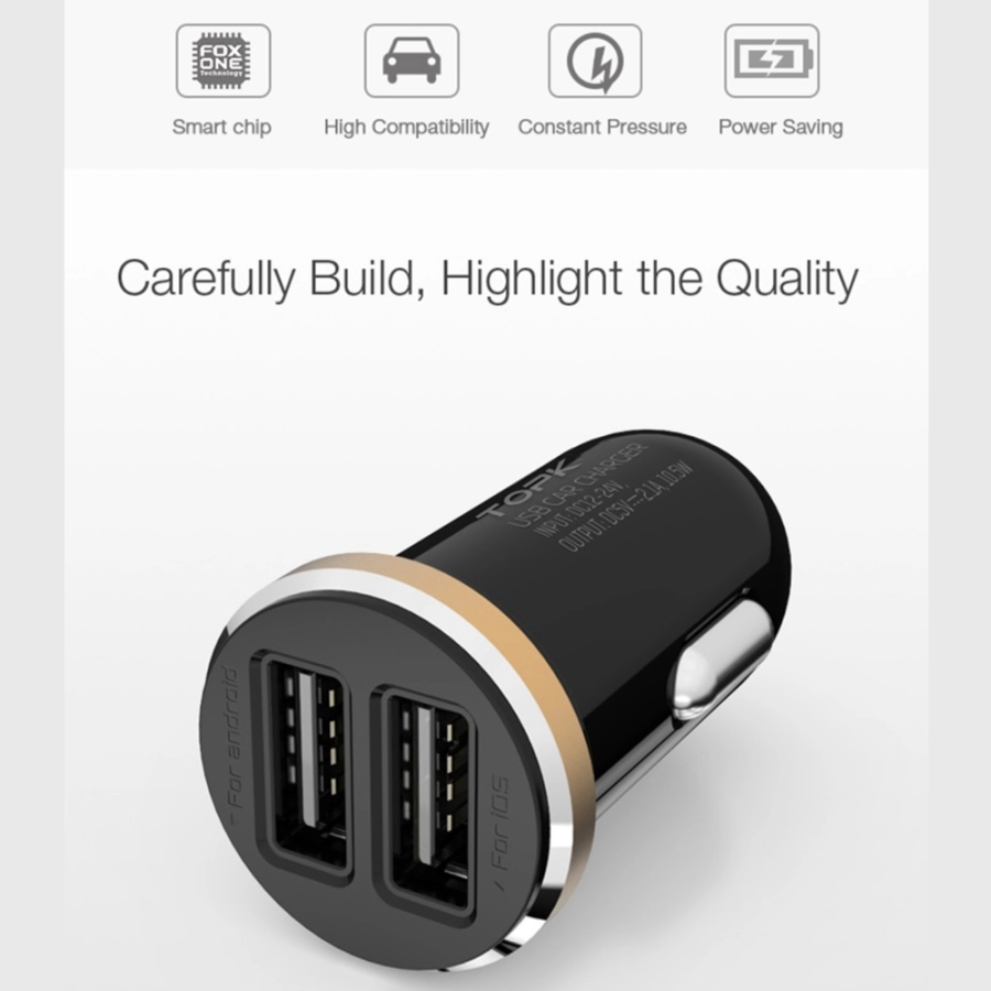 Incarcator auto TOPK Fast Charging 5V 2.1A 10.5W Dual Port USB pentru telefoane mobile - Inel auriu