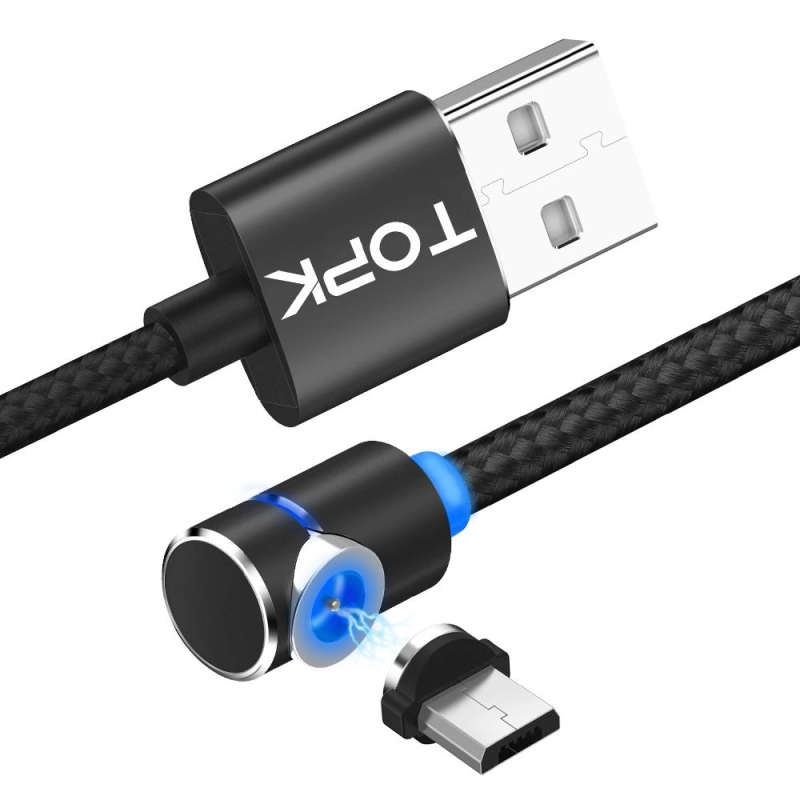 Cablu magnetic incarcare telefone mobile, TOPK, LED, lungime 1m, 2.4A USB la Micro USB, unghi 90 grade, rotatie 360, negru