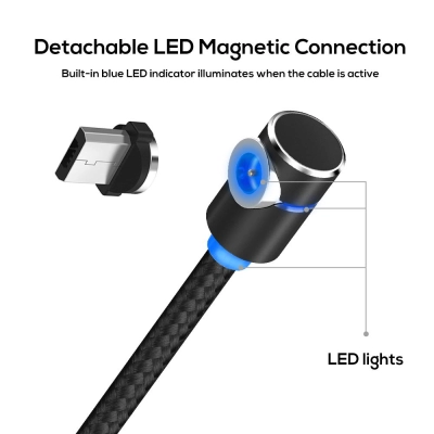Cablu magnetic incarcare telefone mobile, TOPK, LED, lungime 1m, 2.4A USB la Micro USB, unghi 90 grade, rotatie 360, negru