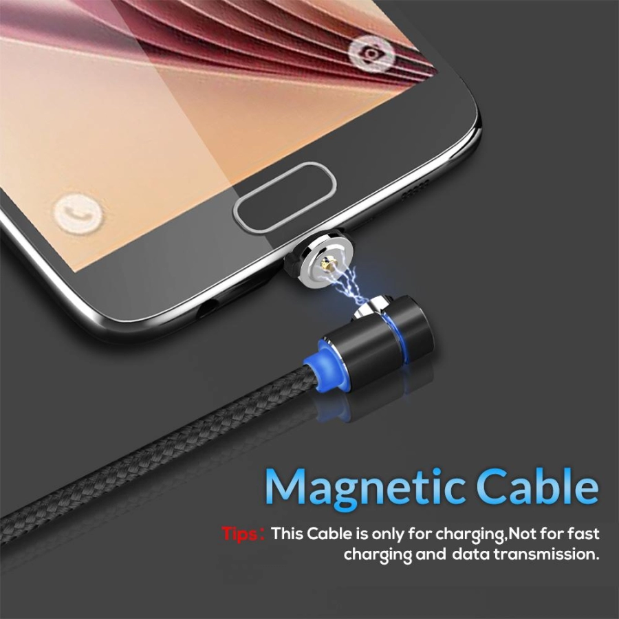 Cablu magnetic incarcare telefone mobile, TOPK, LED, lungime 1m, 2.4A USB la Micro USB, unghi 90 grade, rotatie 360, negru