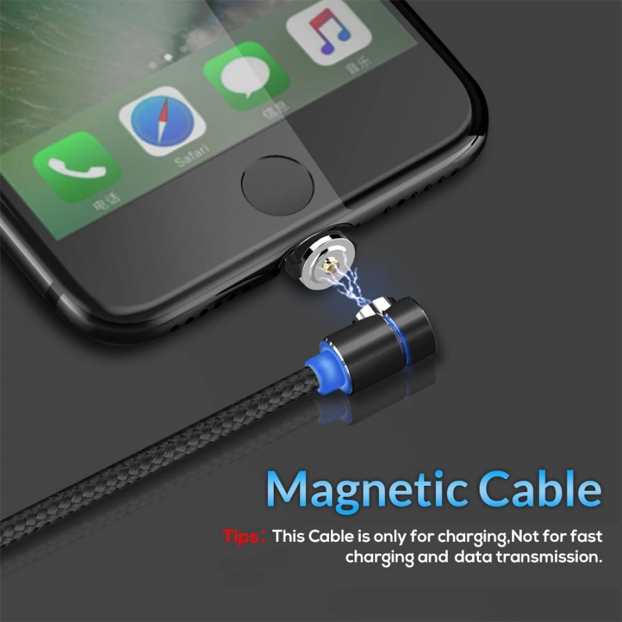 Cablu de incarcare magnetic LED 1m TOPK 2.4A USB unghi 90 grade rotatie 360 Apple iPhone iPad, negru